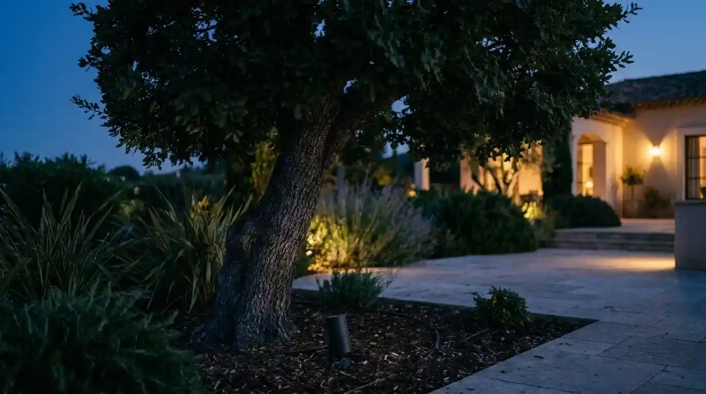 Ground-mounted landscape tree spotlight turned off in a dark villa courtyard at dusk