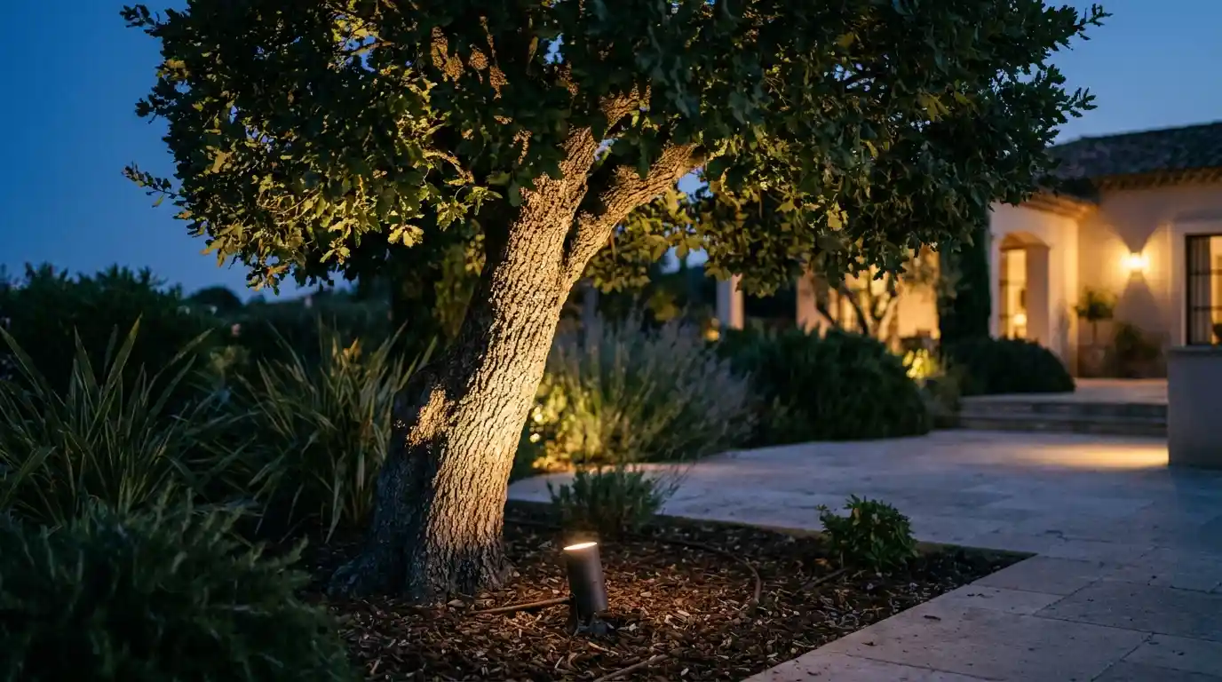 Ground-mounted outdoor landscape spotlight turned on illuminating a tree in a villa garden at twilight