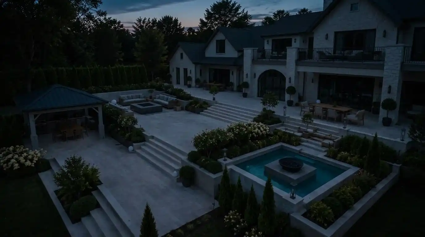 The backyard of a multi-story luxury estate is equipped with full-fledged outdoor landscape lighting turn off version.