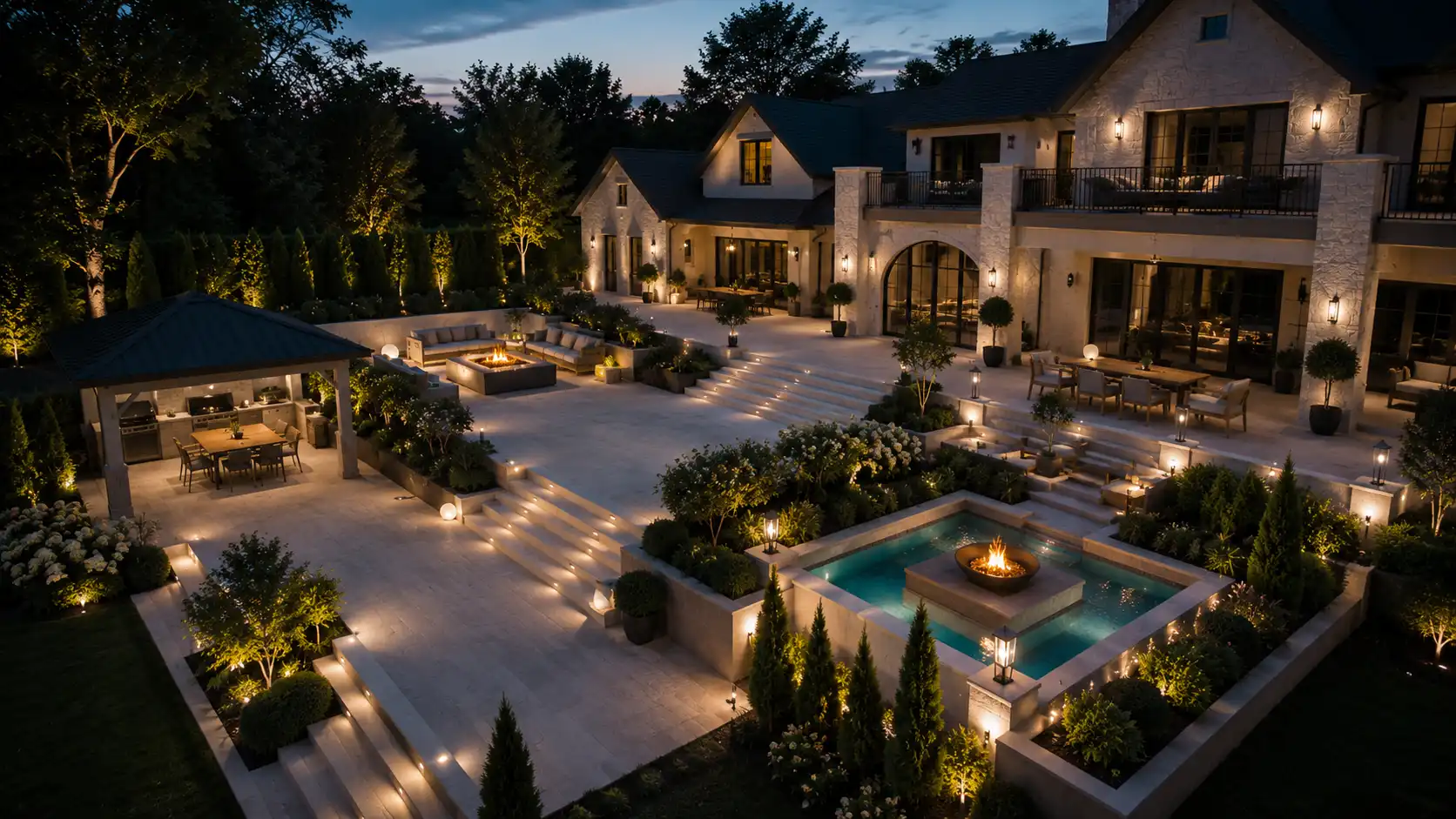 The backyard of a multi-story luxury estate is equipped with full-fledged outdoor landscape lighting.