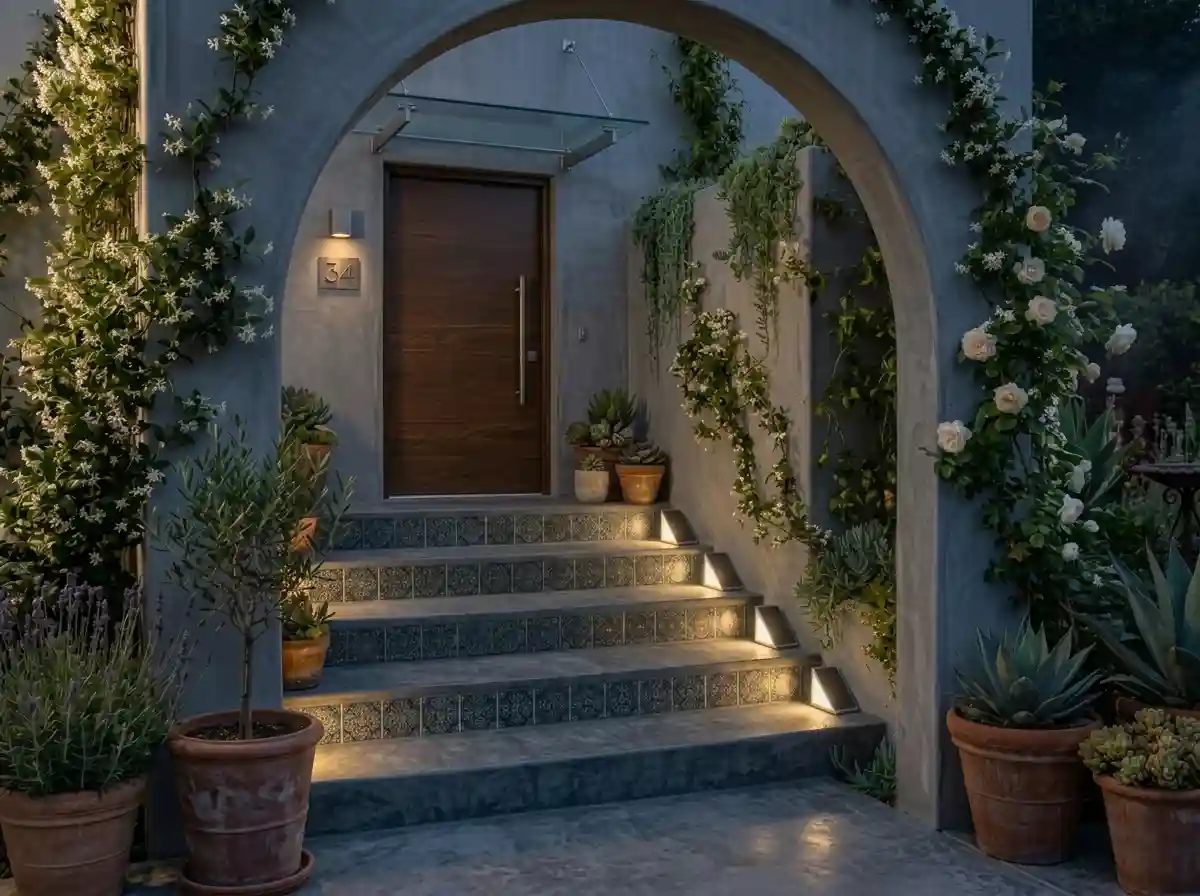 recessed-step-lights-mediterranean-garden-entrance