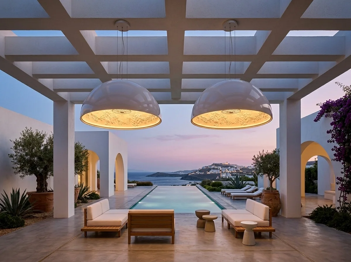white-dome-pendant-lights-patio-twilight